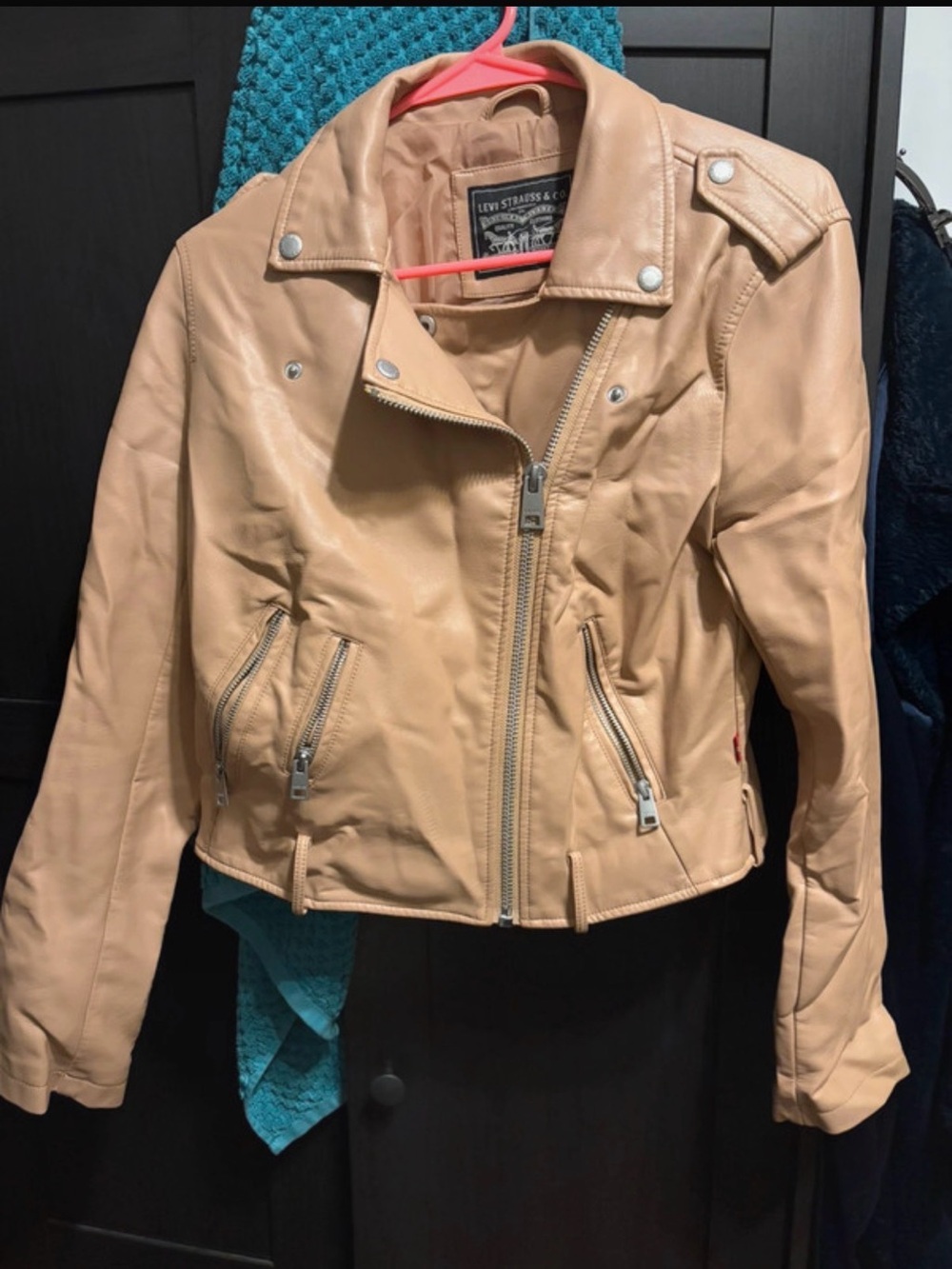Sz M Levi's Women's Tan Faux Leather Moto Jacket with Asymmetrical Zip